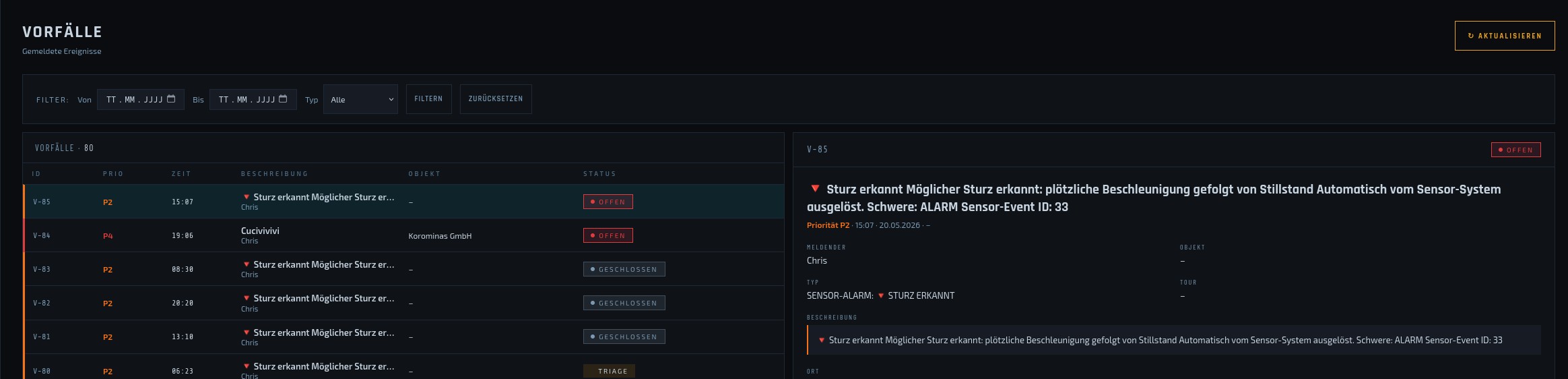 Screenshot SoteriaSecure Dashboard – Vorfälle-Modul mit Liste und Detailansicht